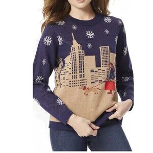 Women's Jones New York Winter Cityscape Walking Dog Crewneck Pullover Sweater XL